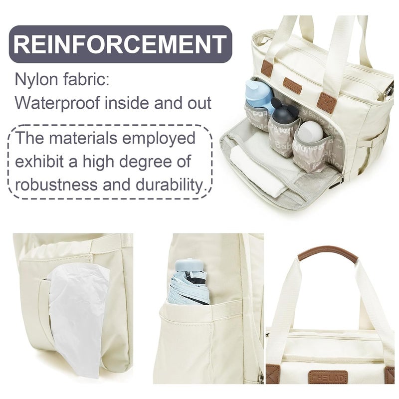 FHELAD Tote Diaper Bags, Baby Diaper Handbag with 15.6 Inch Laptop Compartment, Travel Diaper Bag with Insulated Pocket Ideal for Baby Registry (Beige) - Image 2